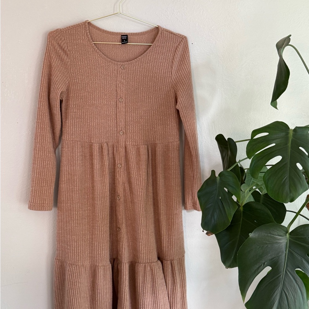 💖 3 for $20 bundle 💖Ribbed Button-Front Long Sleeve Dress in Dusty Rose/Tan